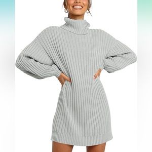 Women Turtleneck Long Lantern Sleeve Casual Loose Oversized Sweater dress